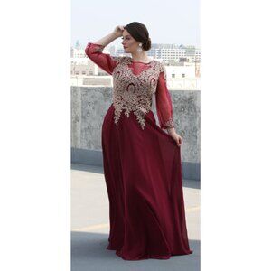 Burgundy/Gold Evening Long Boat Neck 3/4 Sleeve A-Line Dress By May Queen MQ1549